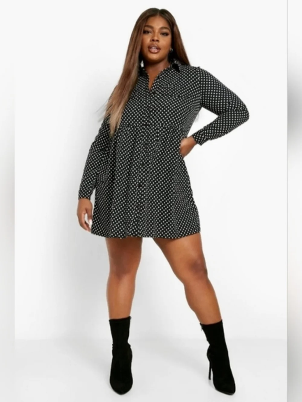 Boohoo Plus Size Black Polka Dot Long Sleeve Shirt Dress Size 22 - Picture 4 of 8
